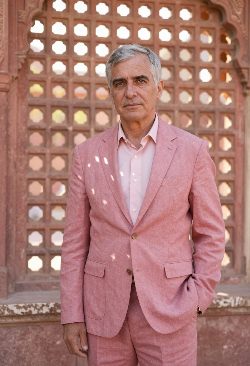 AI jaipur heritage hotelier rose lattice sample — portrait of a man, a Western-European hotelier in his early