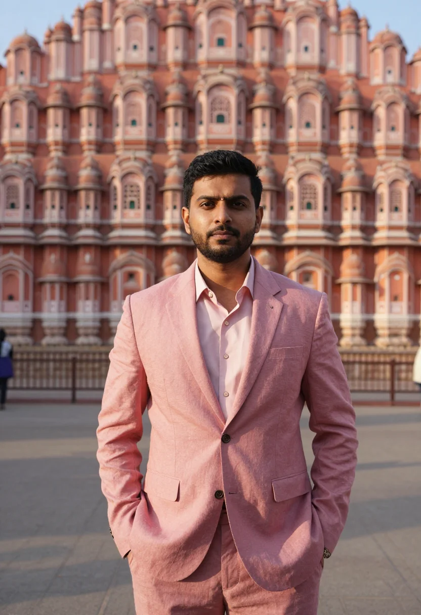 AI jaipur heritage hotelier rose lattice sample — portrait of a man, a South-Asian hotelier in his early forti