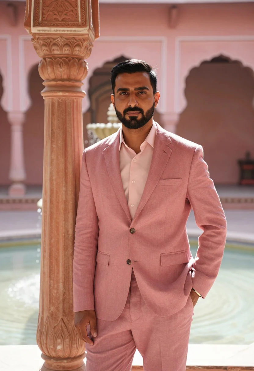 AI jaipur heritage hotelier rose lattice sample — portrait of a man, a hotelier of Middle-Eastern descent in h