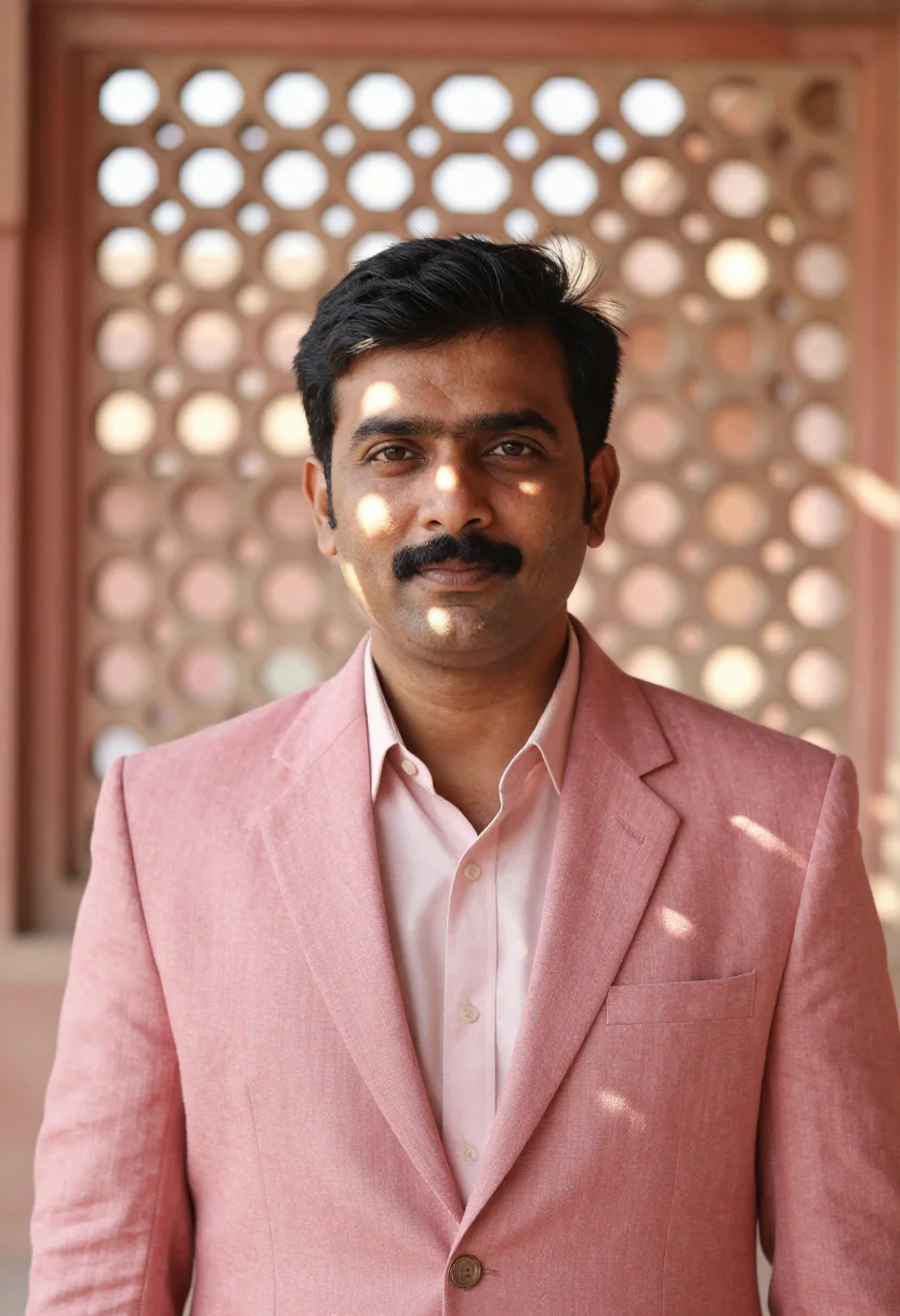 AI jaipur heritage hotelier rose lattice sample — portrait of a man, a South-Asian hotelier in his mid-forties