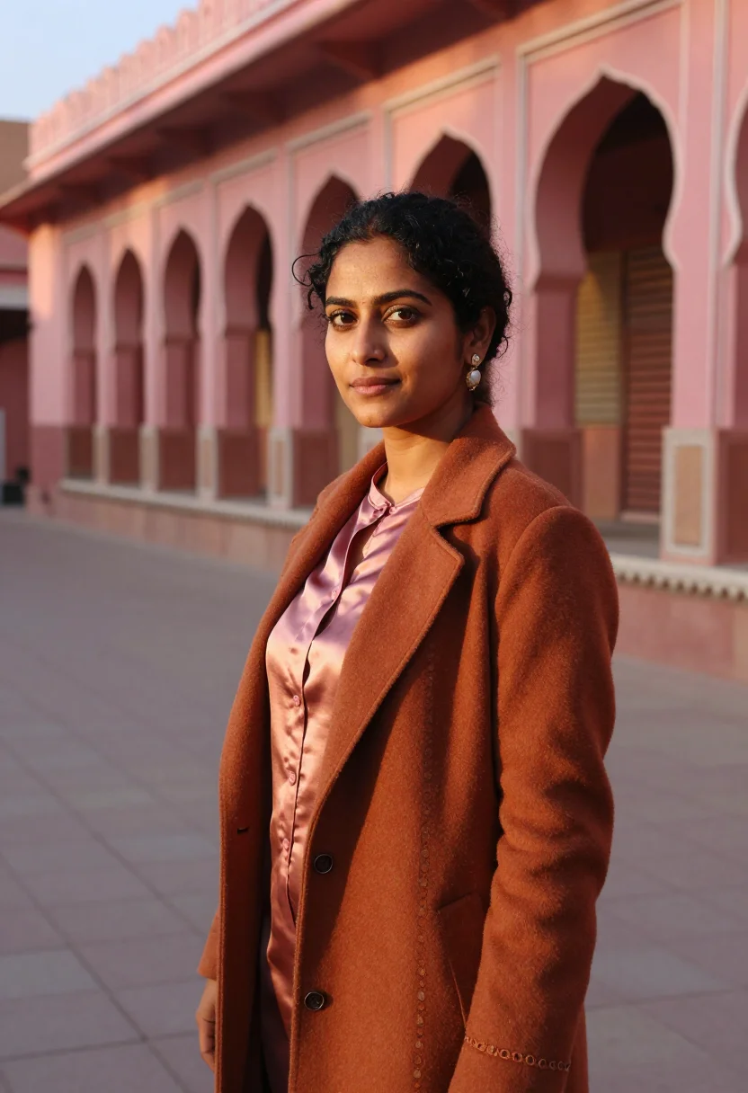 AI jaipur jeweller pink sandstone sample — portrait of a woman, a South-Asian jeweller in her late twen