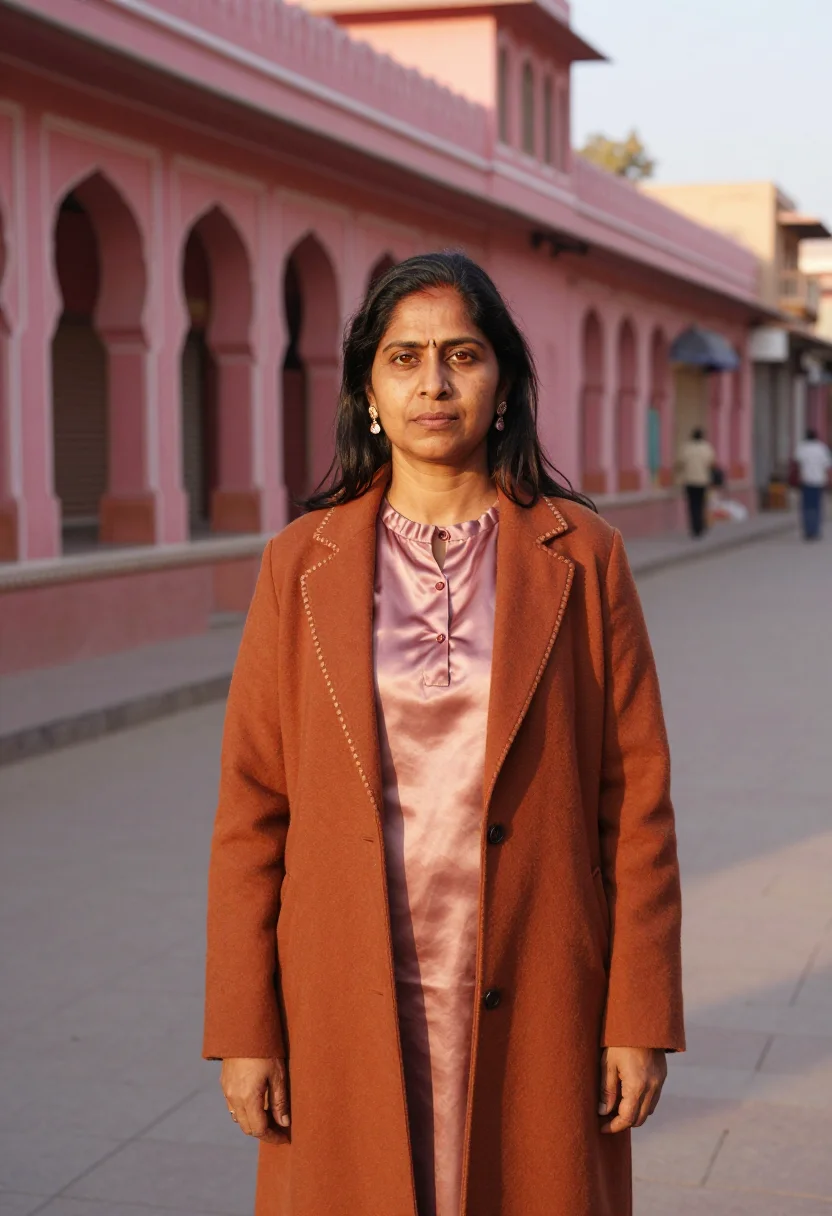 AI jaipur jeweller pink sandstone sample — portrait of a woman, a South-Asian jeweller in her forties w