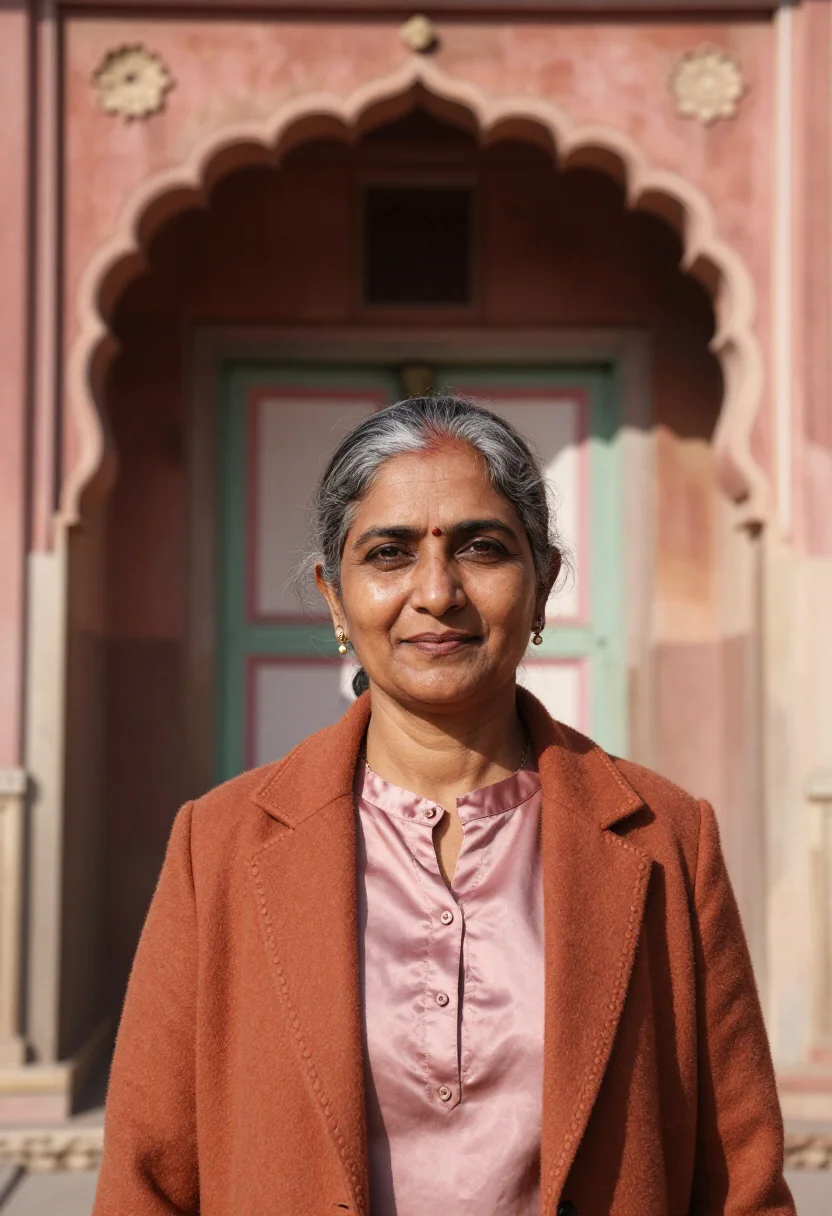 AI jaipur jeweller pink sandstone sample — portrait of a woman, a South-Asian jeweller in her early fif