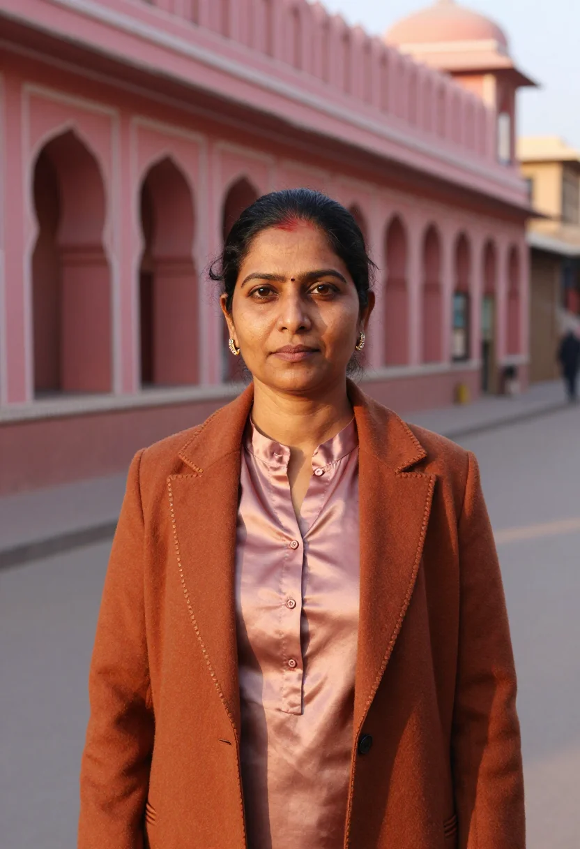 AI jaipur jeweller pink sandstone sample — portrait of a woman, a South-Asian jeweller in her mid-forti