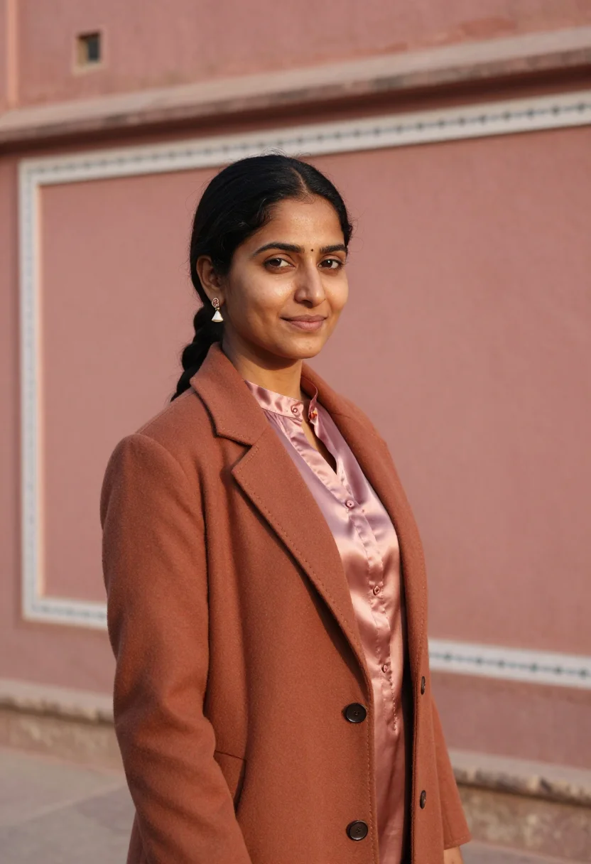 AI jaipur jeweller pink sandstone sample — portrait of a woman, a South-Asian jeweller in her early for