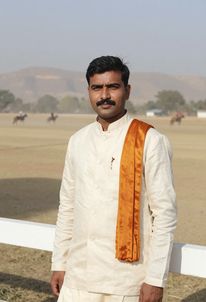 AI jaipur polo season saffron sample — portrait of a man, framed tight, head and shoulders, the bod