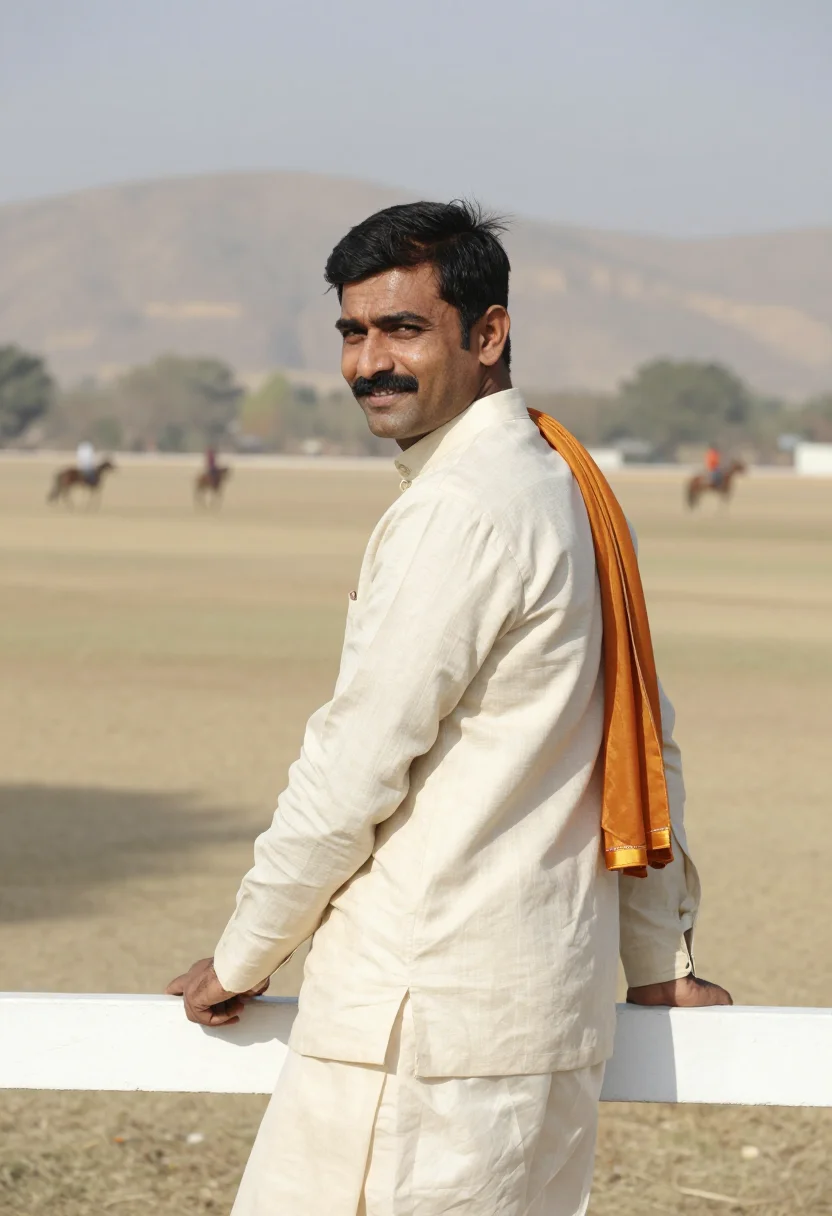 AI jaipur polo season saffron sample — portrait of a man, framed chest-up to the ribs, the body clo