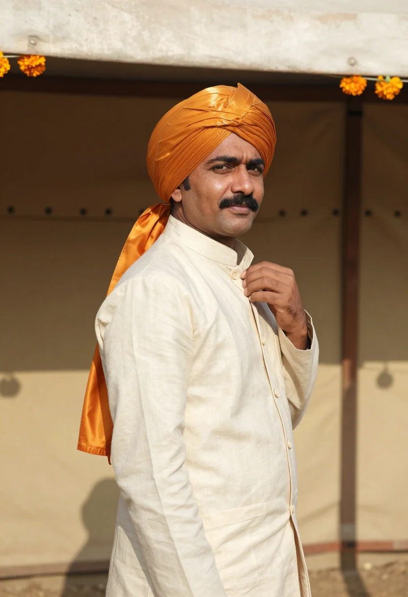 AI jaipur polo season saffron sample — portrait of a man, framed chest-up to the ribs, the body clo