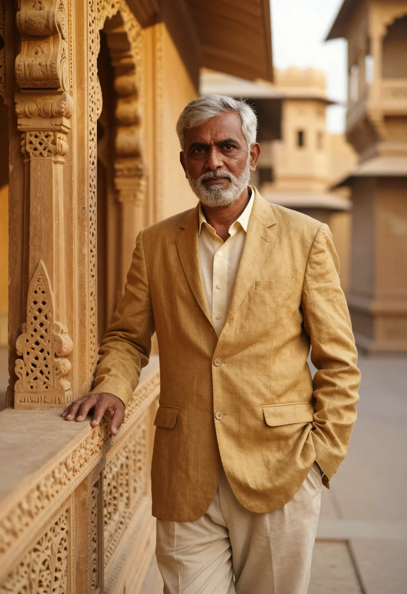 AI jaisalmer fort conservator golden sandstone sample — portrait of a man, of South Asian descent, in his mid-sixtie