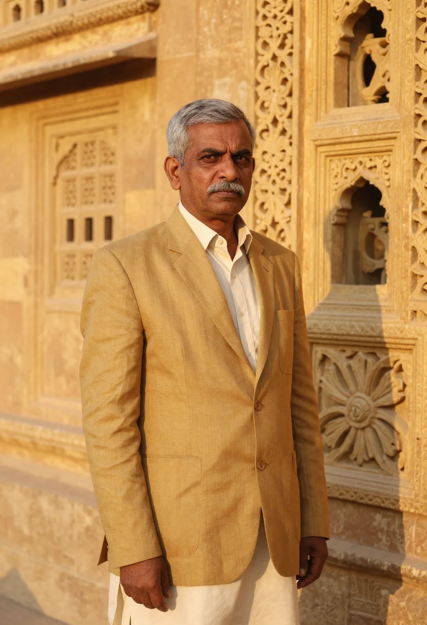 AI jaisalmer fort conservator golden sandstone sample — portrait of a man, of South Asian descent, in his late fifti