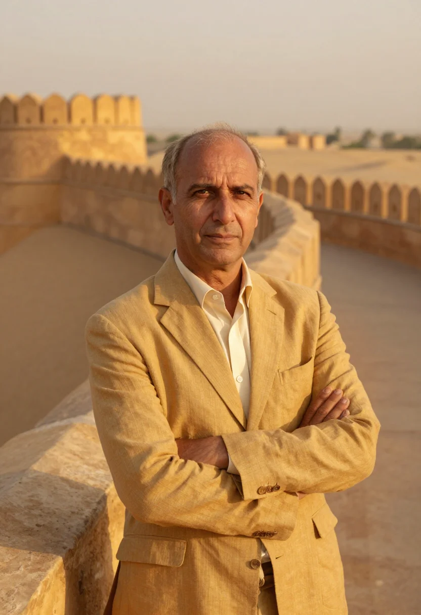 AI jaisalmer fort conservator golden sandstone sample — portrait of a man, of Western European descent, in his early