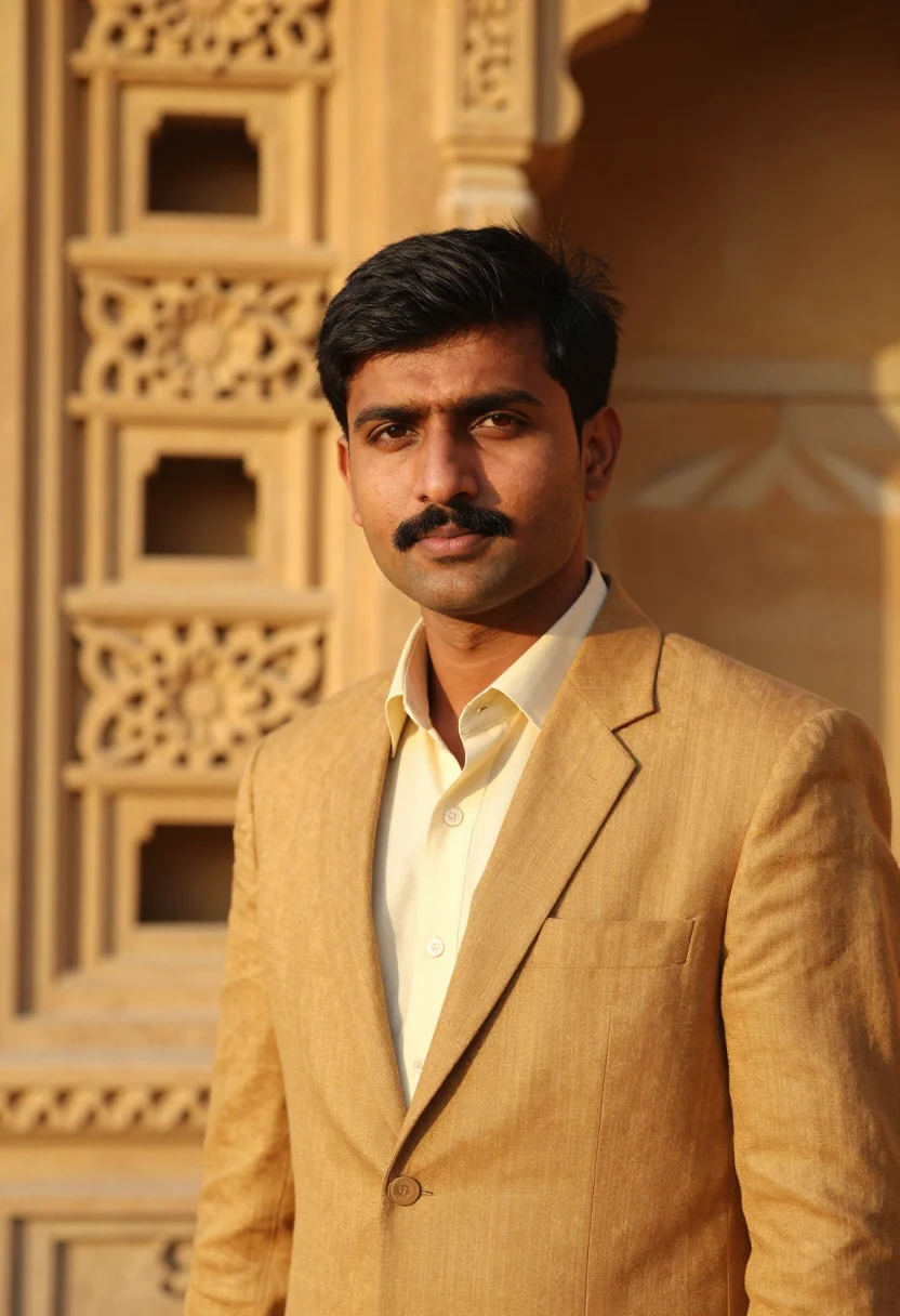 AI jaisalmer fort conservator golden sandstone sample — portrait of a man, of South Asian descent, in his early fort
