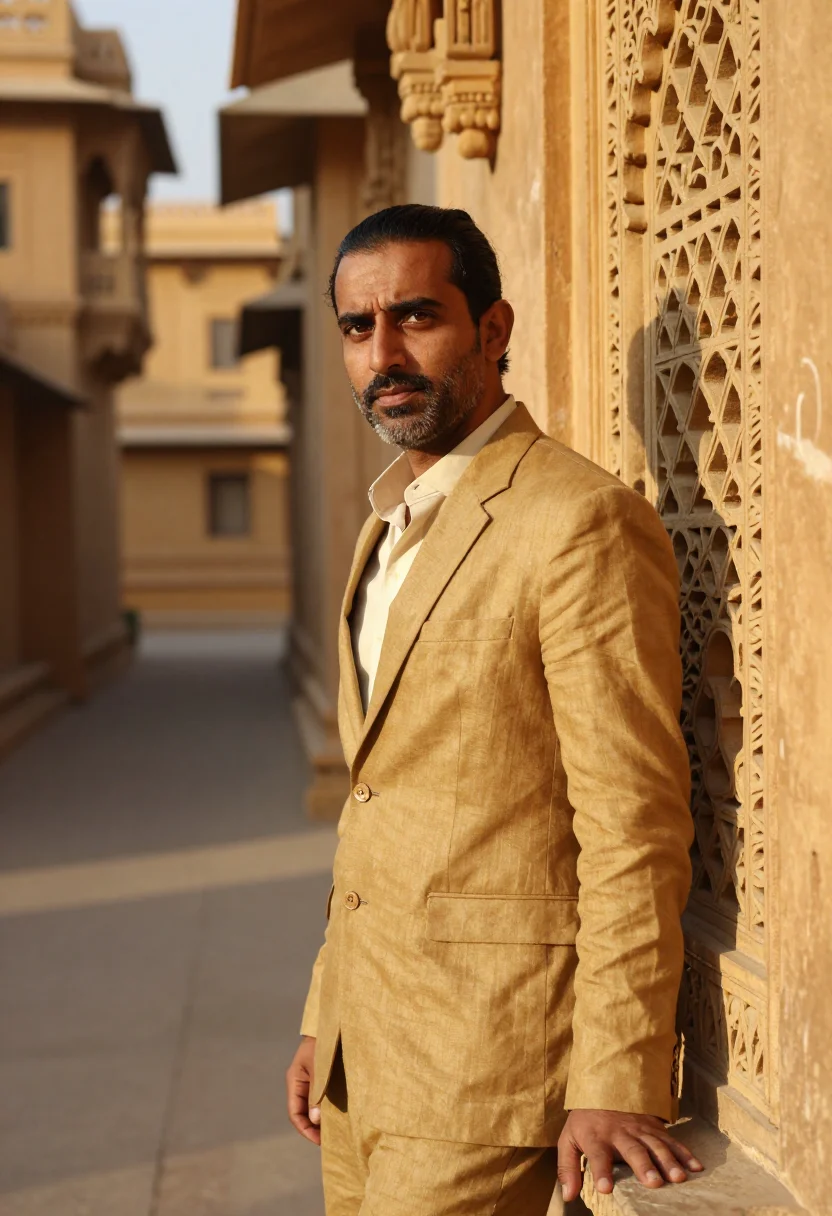 AI jaisalmer fort conservator golden sandstone sample — portrait of a man, of Mediterranean descent, in his mid-fort