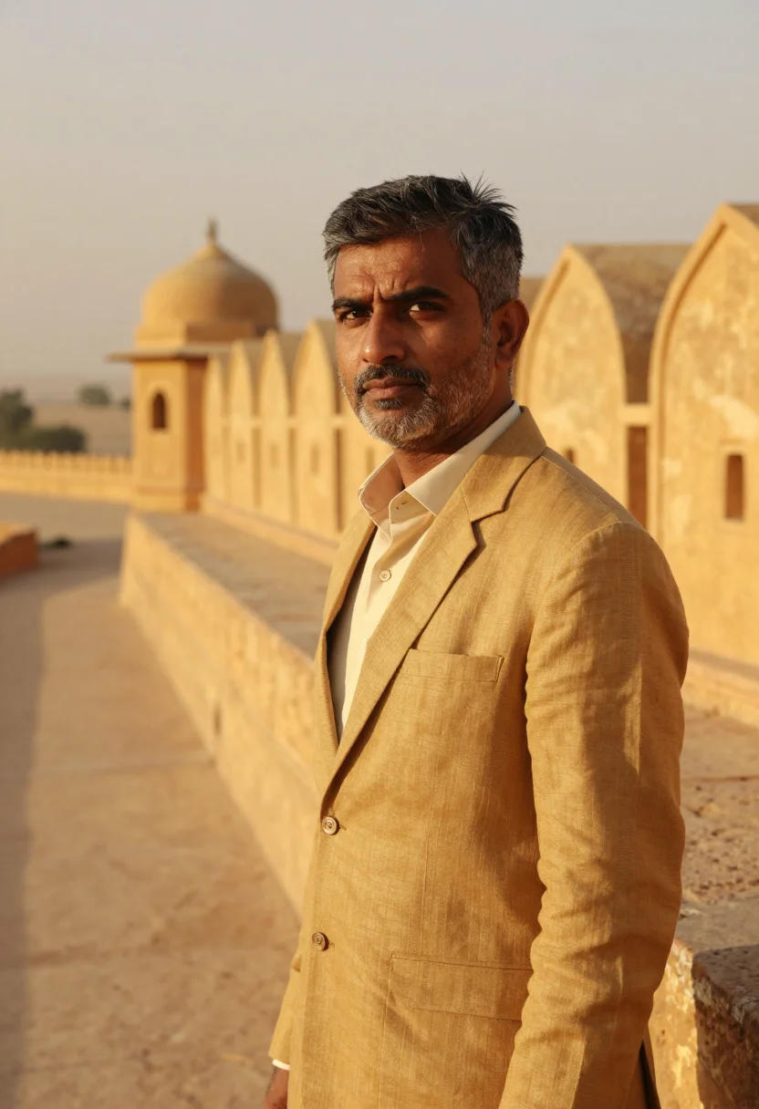 AI jaisalmer fort conservator golden sandstone sample — portrait of a man, of South Asian descent, in his late forti