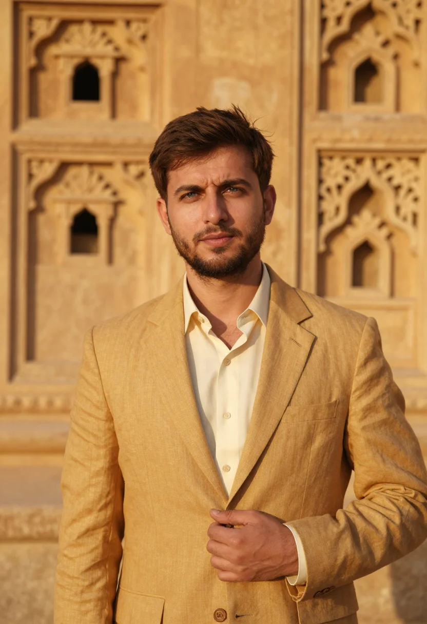 AI jaisalmer fort conservator golden sandstone sample — portrait of a man, of Western European descent, in his late