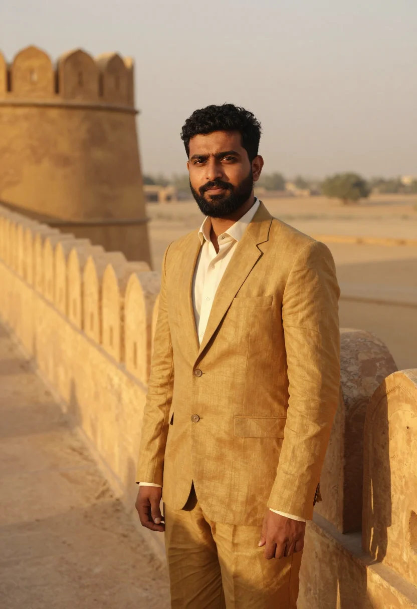 AI jaisalmer fort conservator golden sandstone sample — portrait of a man, of South Asian descent, in his mid-thirti