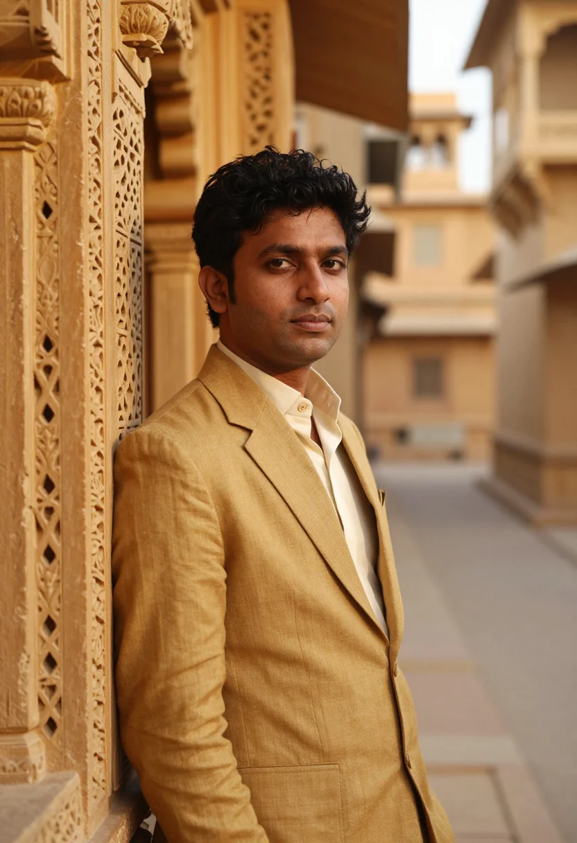 AI jaisalmer fort conservator golden sandstone sample — portrait of a man, of South Asian descent, in his early thir