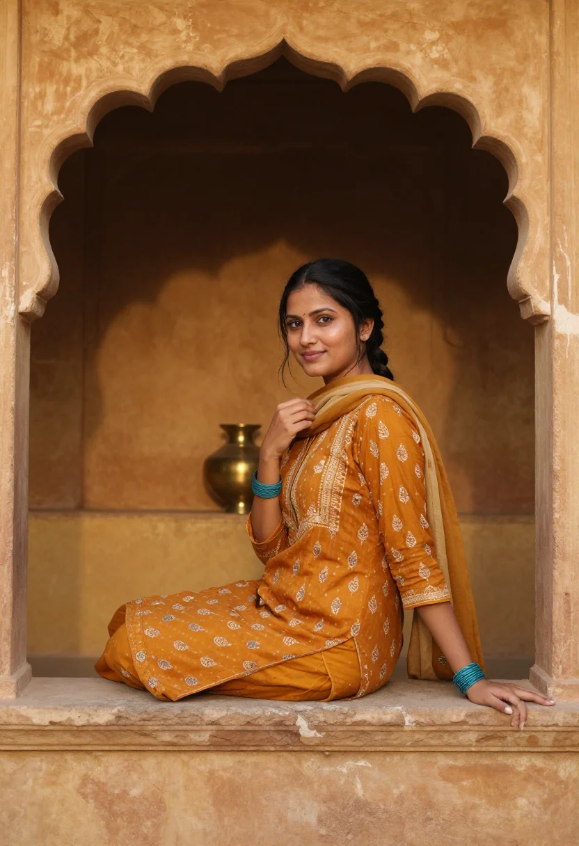 AI jaisalmer gold sample — portrait of a woman, a half-length view of a South-Asian wom