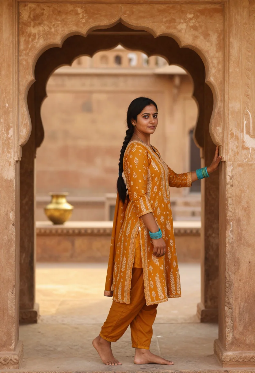 AI jaisalmer gold sample — portrait of a woman, a full-length view of a South-Asian wom