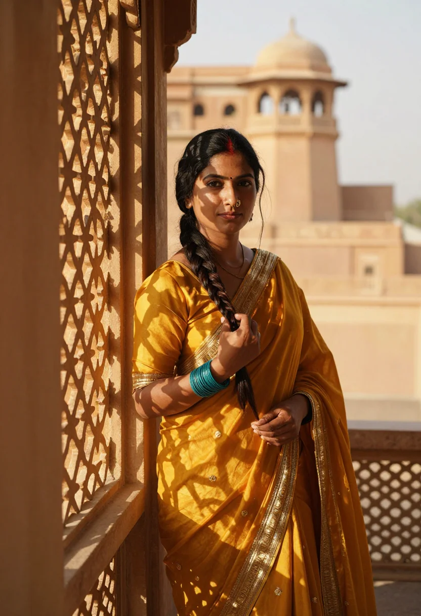 AI jaisalmer gold sample — portrait of a woman, a half-length view of a South-Asian wom