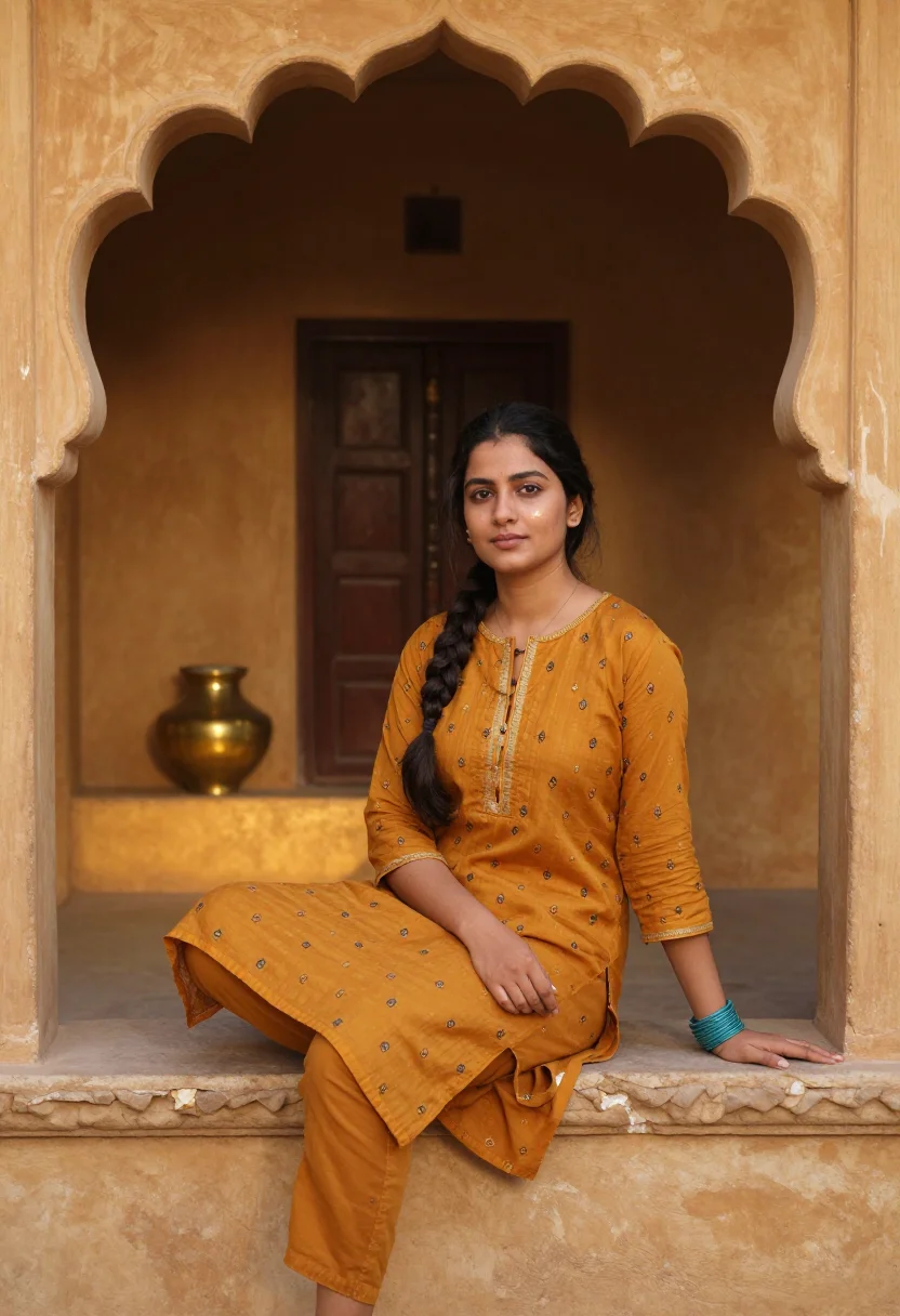 AI jaisalmer gold sample — portrait of a woman, a three-quarter-length view from slight
