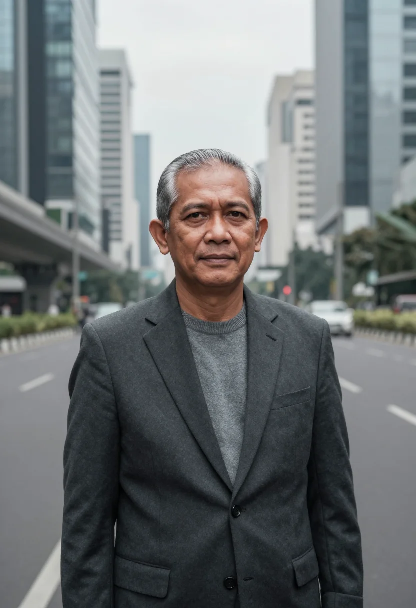 AI jakarta banker sudirman glass grey sample — portrait of a man, a banker in his sixties of Sundanese desc