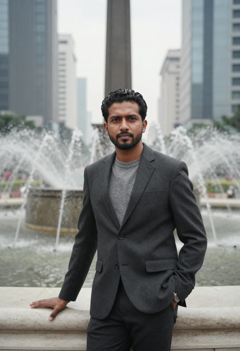 AI jakarta banker sudirman glass grey sample — portrait of a man, a banker in his forties of Indian descent