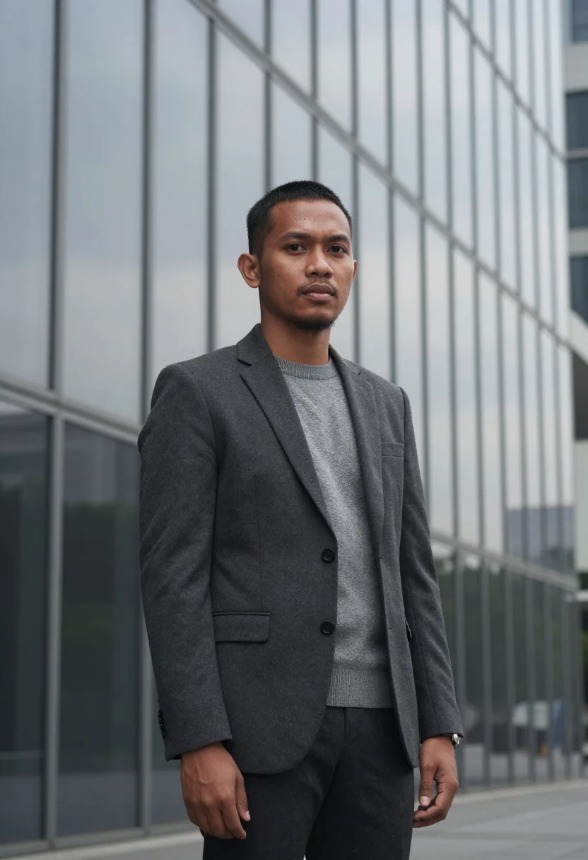 AI jakarta banker sudirman glass grey sample — portrait of a man, a banker in his late thirties of Batak de