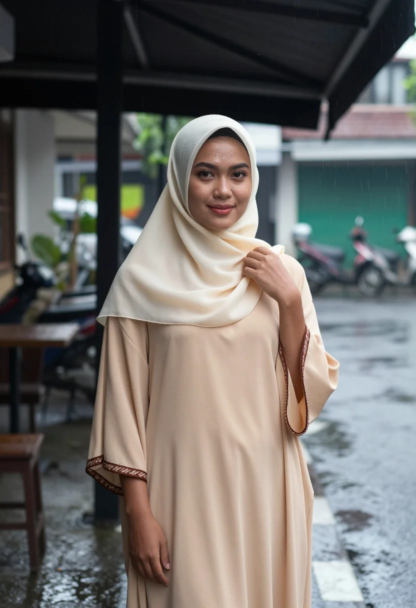 AI jakarta hijabista sample — portrait of a woman, portrait from the hips up of a Javanese