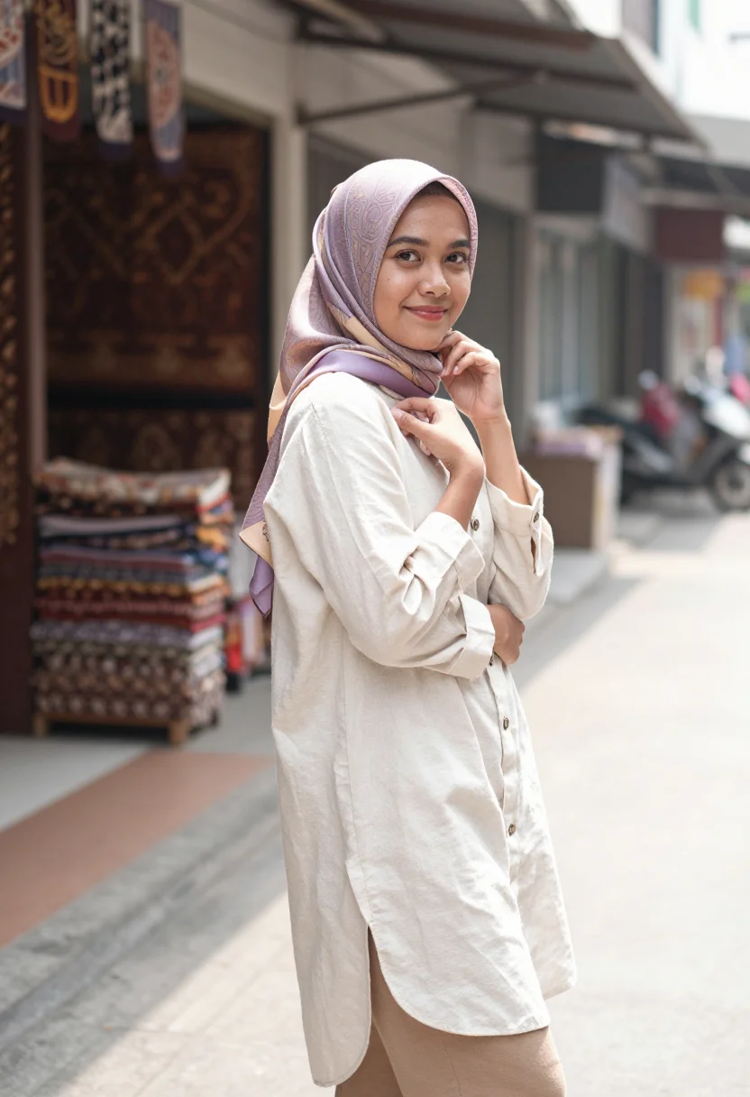 AI jakarta hijabista sample — portrait of a woman, three-quarter-length portrait of a Java