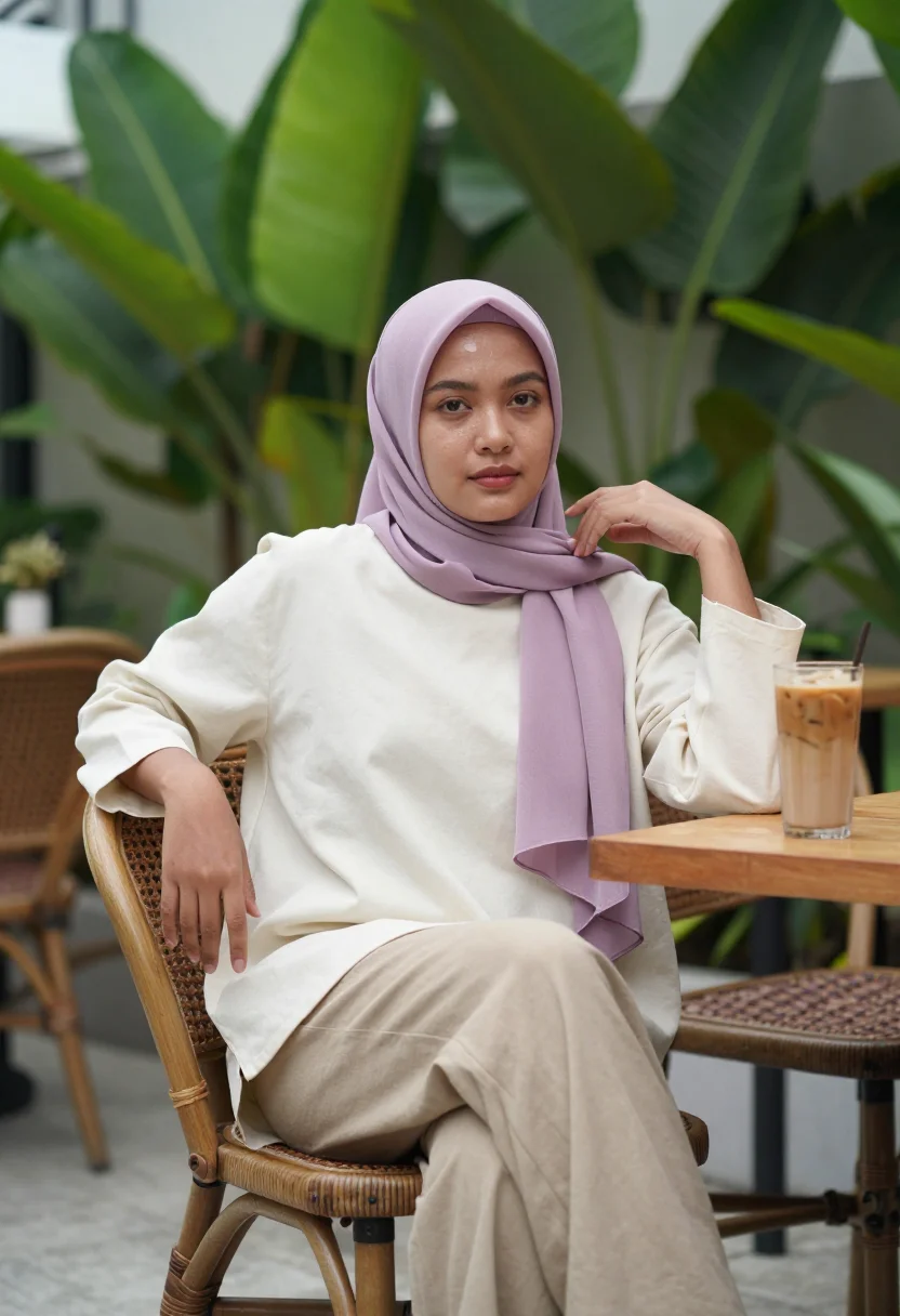 AI jakarta hijabista sample — portrait of a woman, head-to-knee portrait of a Javanese Ind