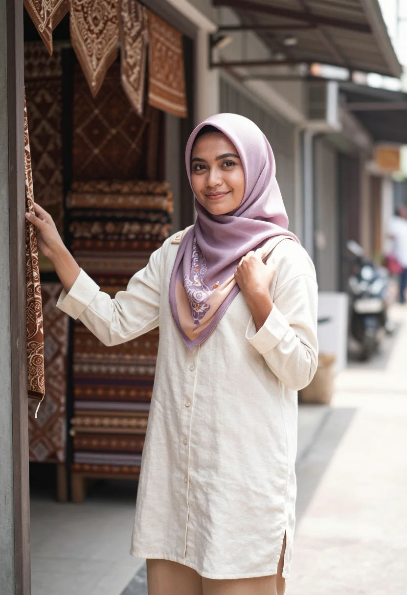 AI jakarta hijabista sample — portrait of a woman, three-quarter bust of a Javanese Indone