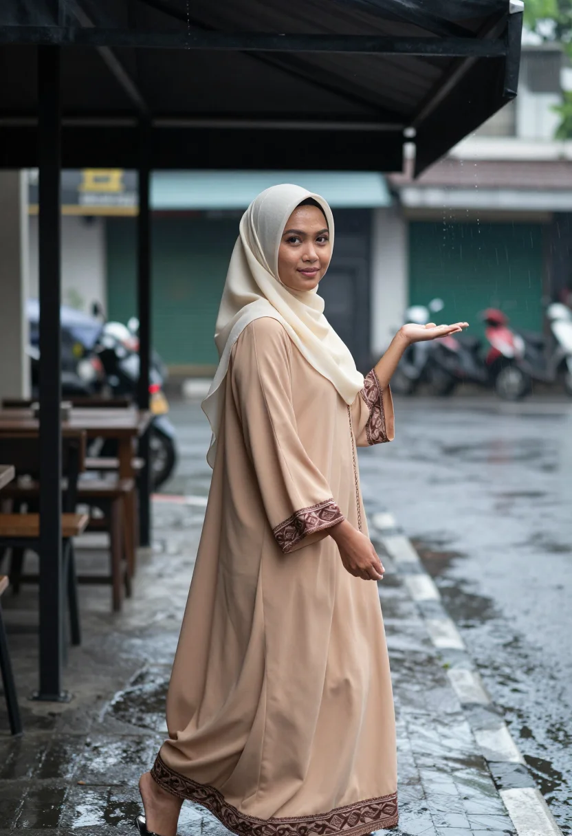 AI jakarta hijabista sample — portrait of a woman, head-to-knee portrait of a Javanese Ind