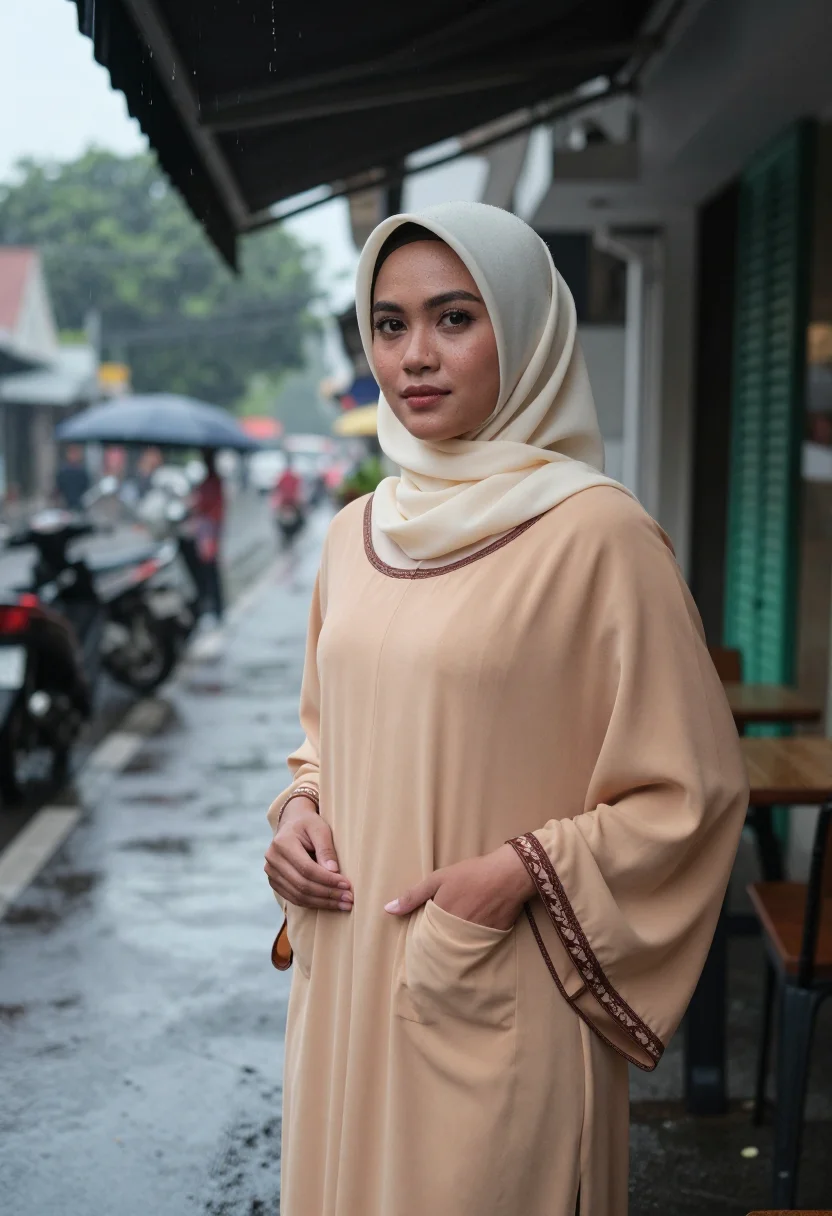 AI jakarta hijabista sample — portrait of a woman, close three-quarter bust of a Javanese