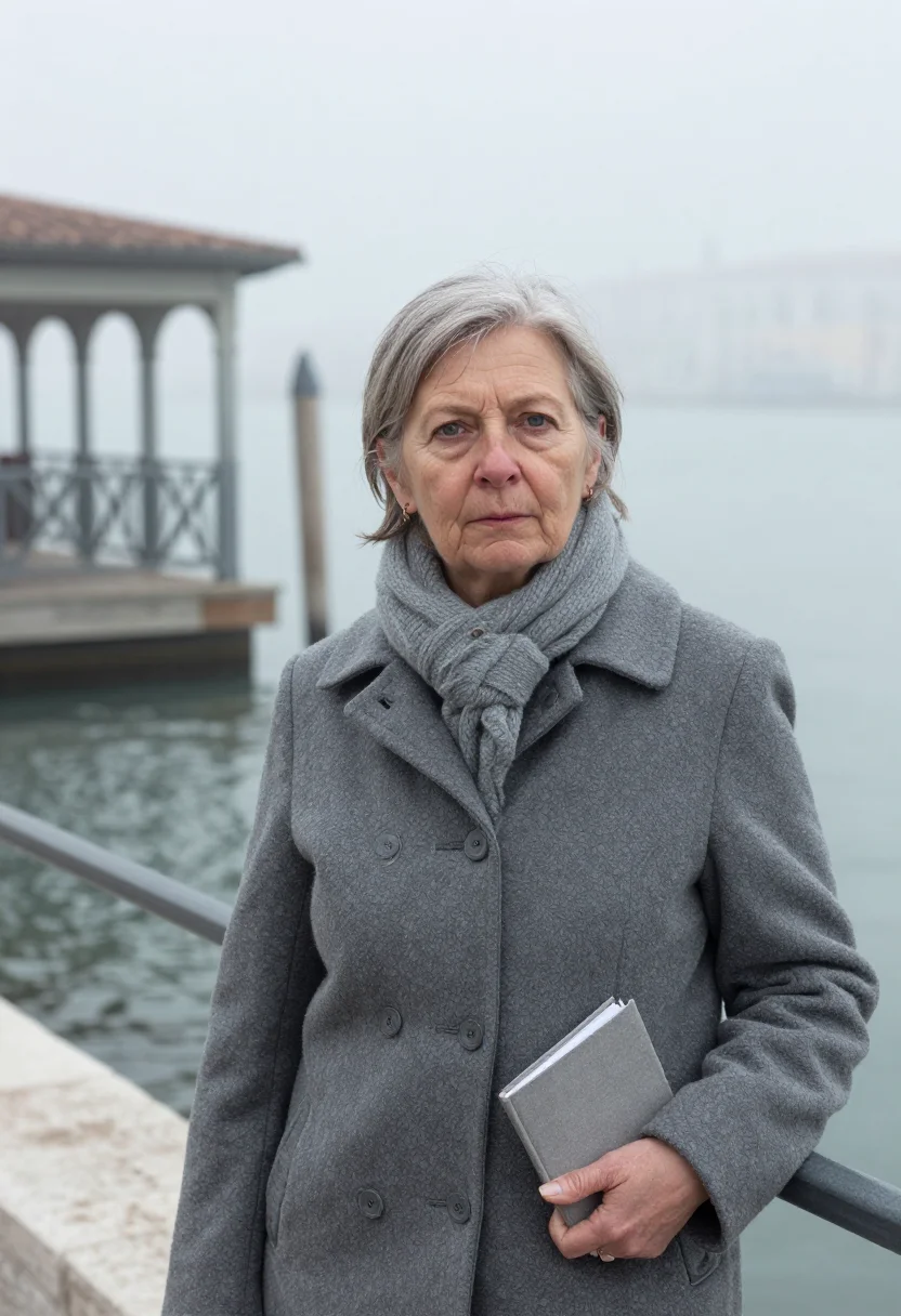 AI jan morris venice november fog sample — portrait of a woman, framed chest-up, the body close to the