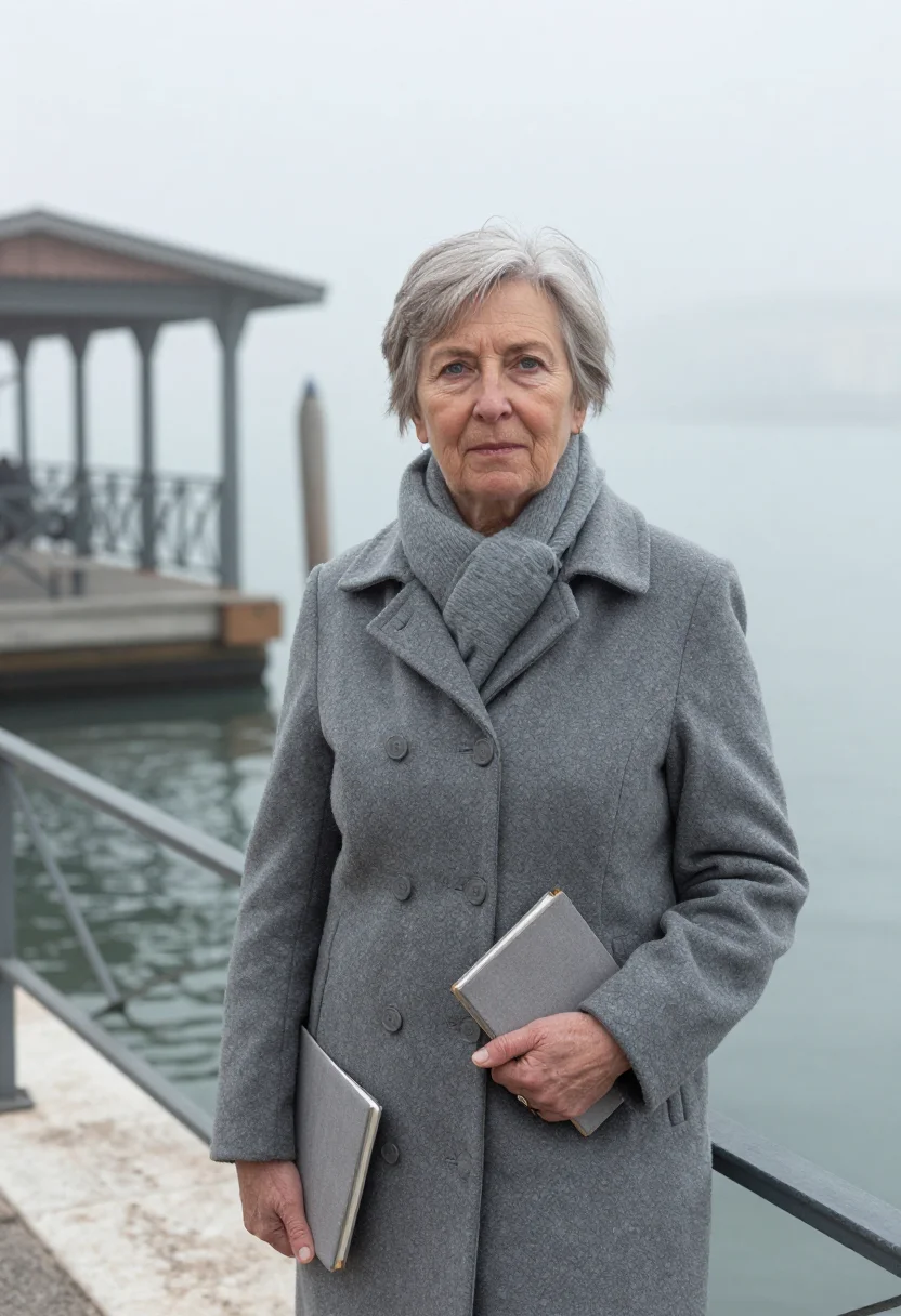 AI jan morris venice november fog sample — portrait of a woman, framed half-length, to the waist, a mod