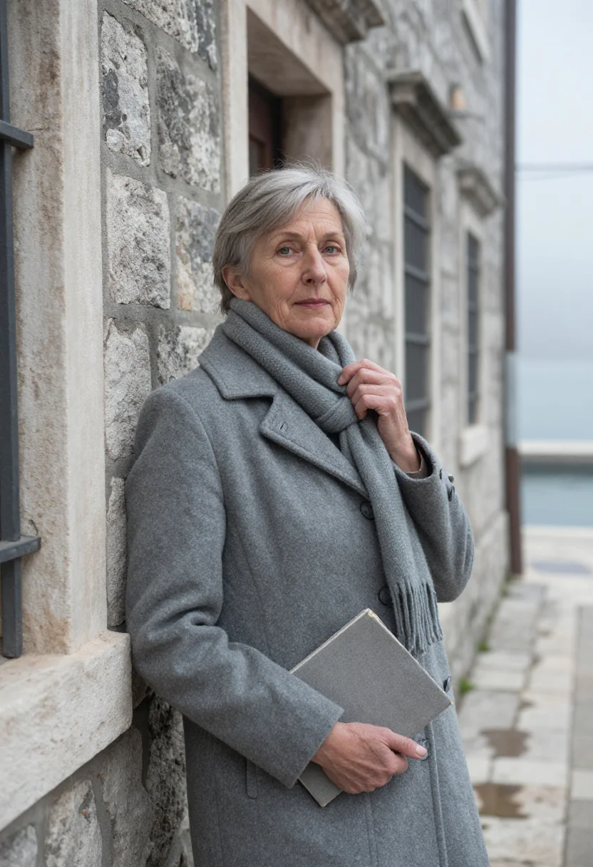AI jan morris venice november fog sample — portrait of a woman, framed half-length, to the waist, a mod