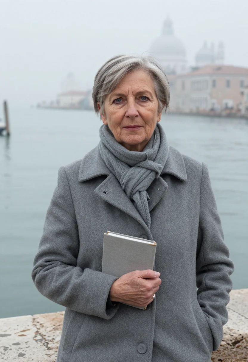 AI jan morris venice november fog sample — portrait of a woman, framed chest-up, the body close to the