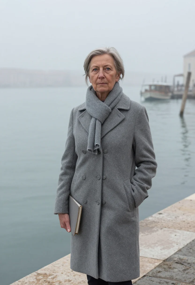 AI jan morris venice november fog sample — portrait of a woman, framed three-quarter length, from the k