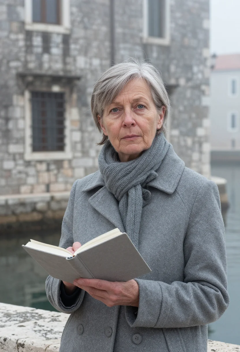 AI jan morris venice november fog sample — portrait of a woman, framed chest-up, the body close to the
