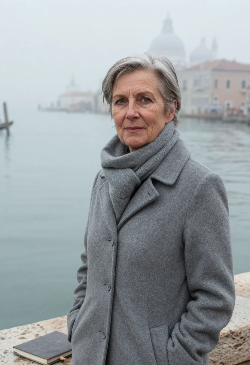 AI jan morris venice november fog sample — portrait of a woman, framed tight, head and shoulders, the b