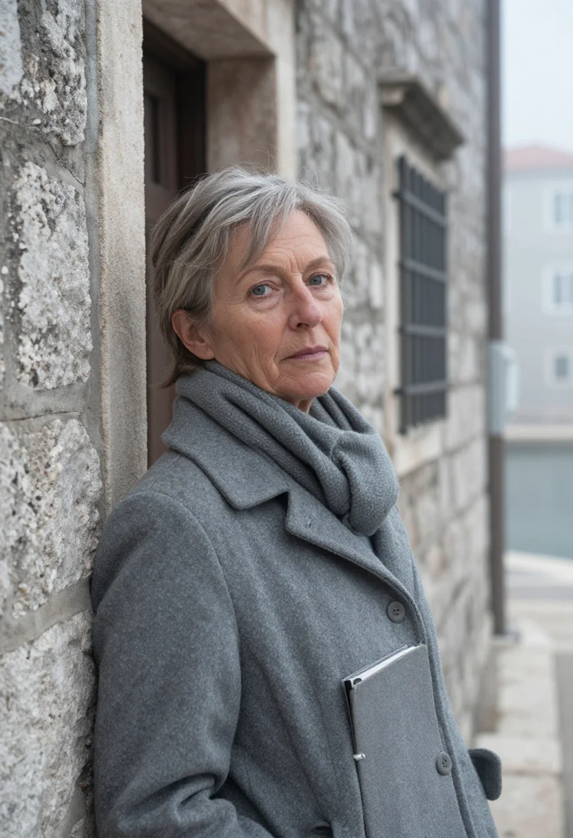 AI jan morris venice november fog sample — portrait of a woman, framed tight, head and shoulders, the b