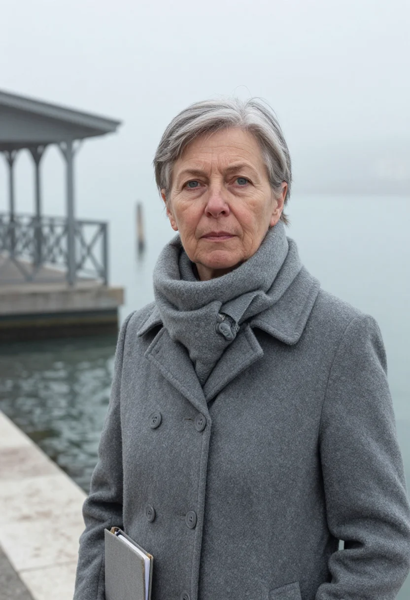 AI jan morris venice november fog sample — portrait of a woman, framed tight, head and shoulders, the b