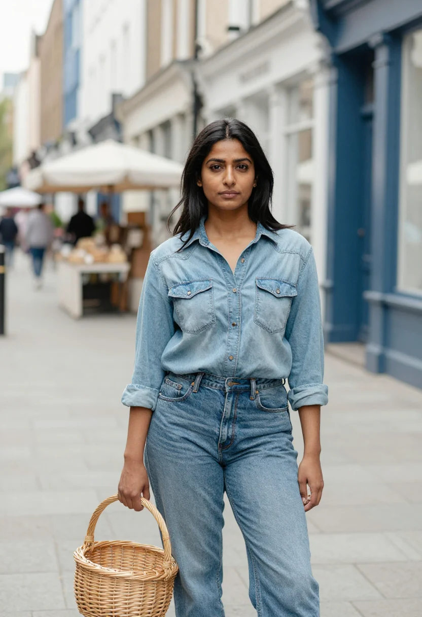 AI jane birkin kings road basket denim sample — portrait of a woman, a woman in her early thirties of Indian