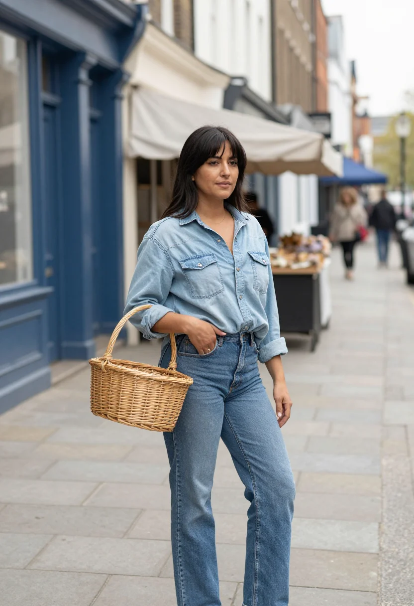 AI jane birkin kings road basket denim sample — portrait of a woman, a woman in her early thirties of Spanis