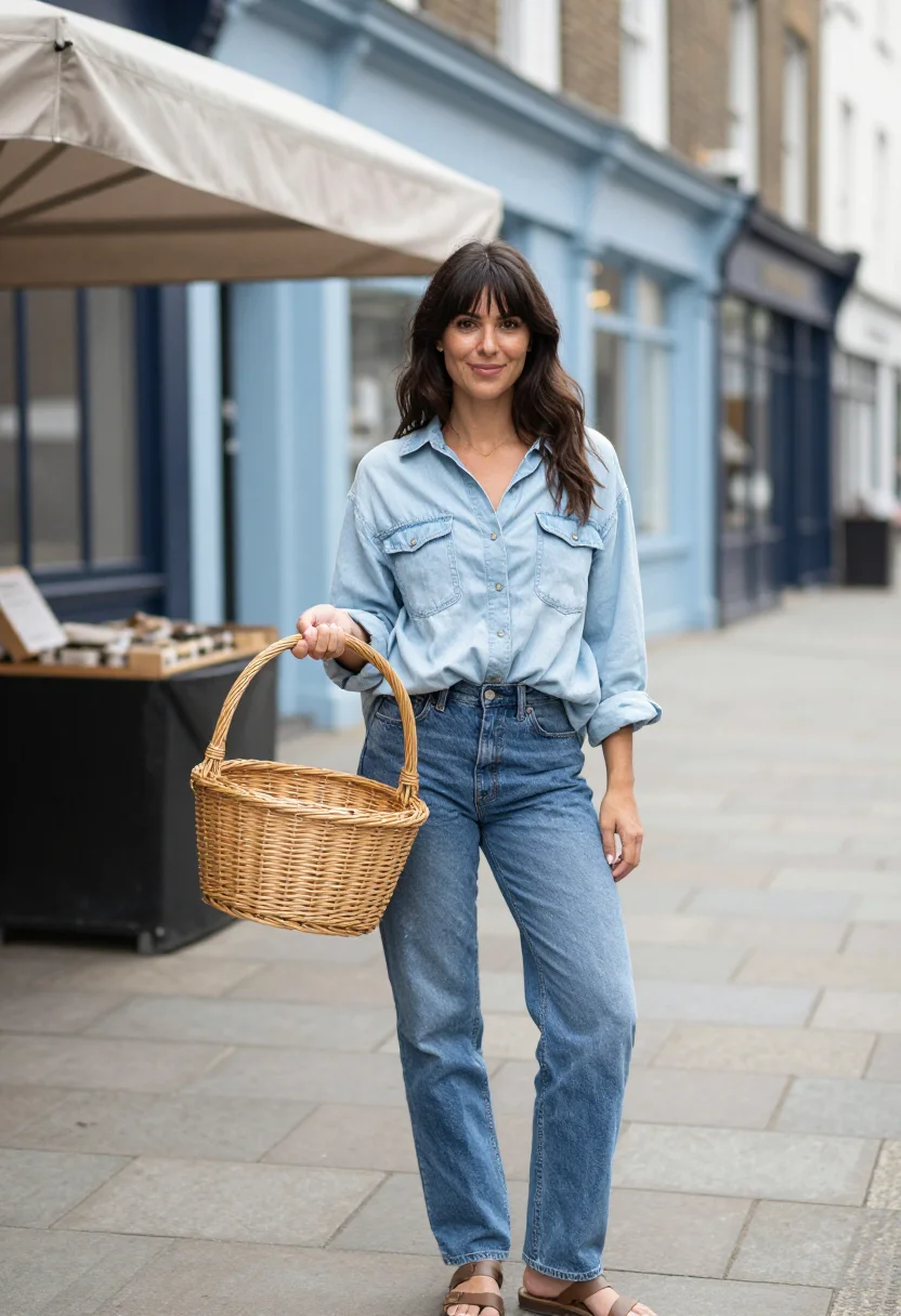 AI jane birkin kings road basket denim sample — portrait of a woman, a woman in her late twenties of Italian