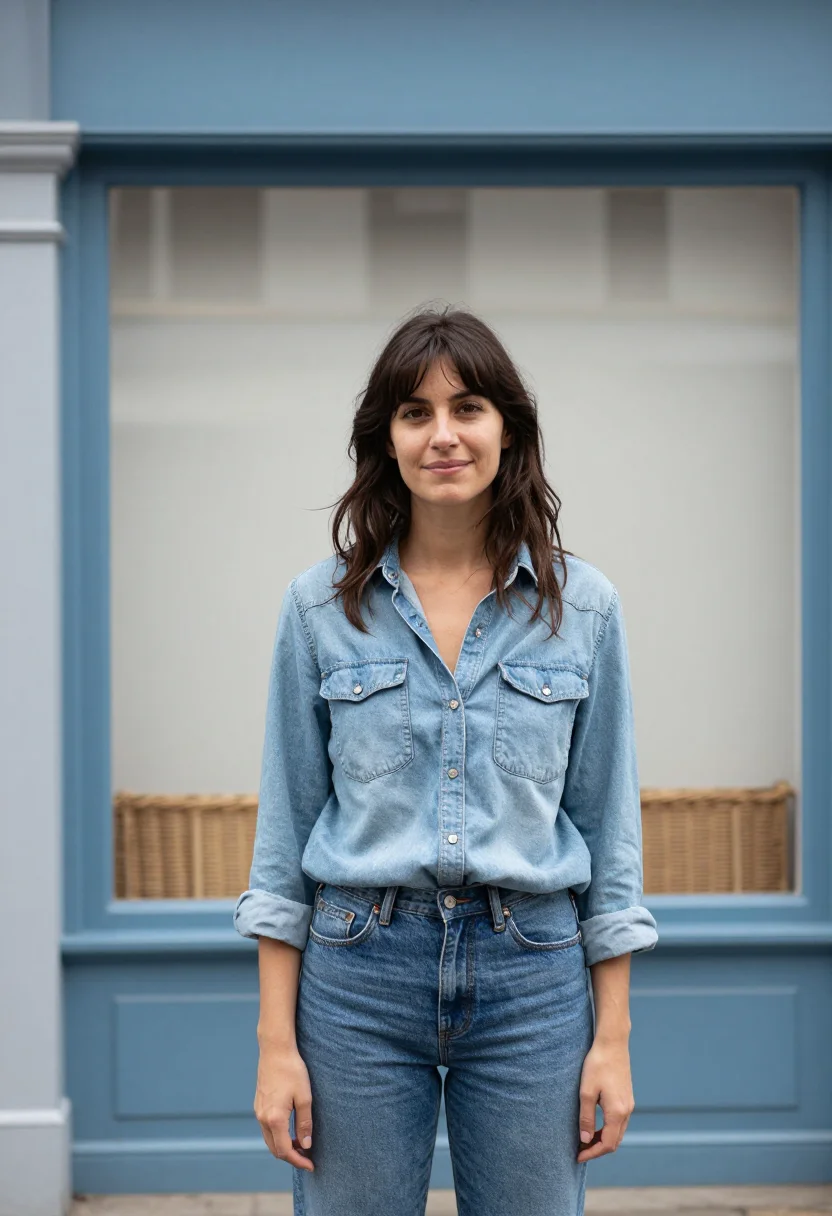 AI jane birkin kings road basket denim sample — portrait of a woman, a woman in her early thirties of French