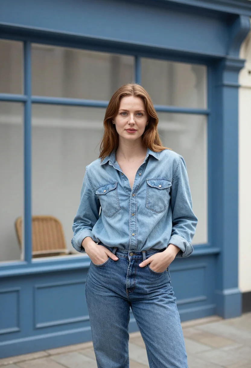 AI jane birkin kings road basket denim sample — portrait of a woman, a woman in her mid-twenties of Irish de
