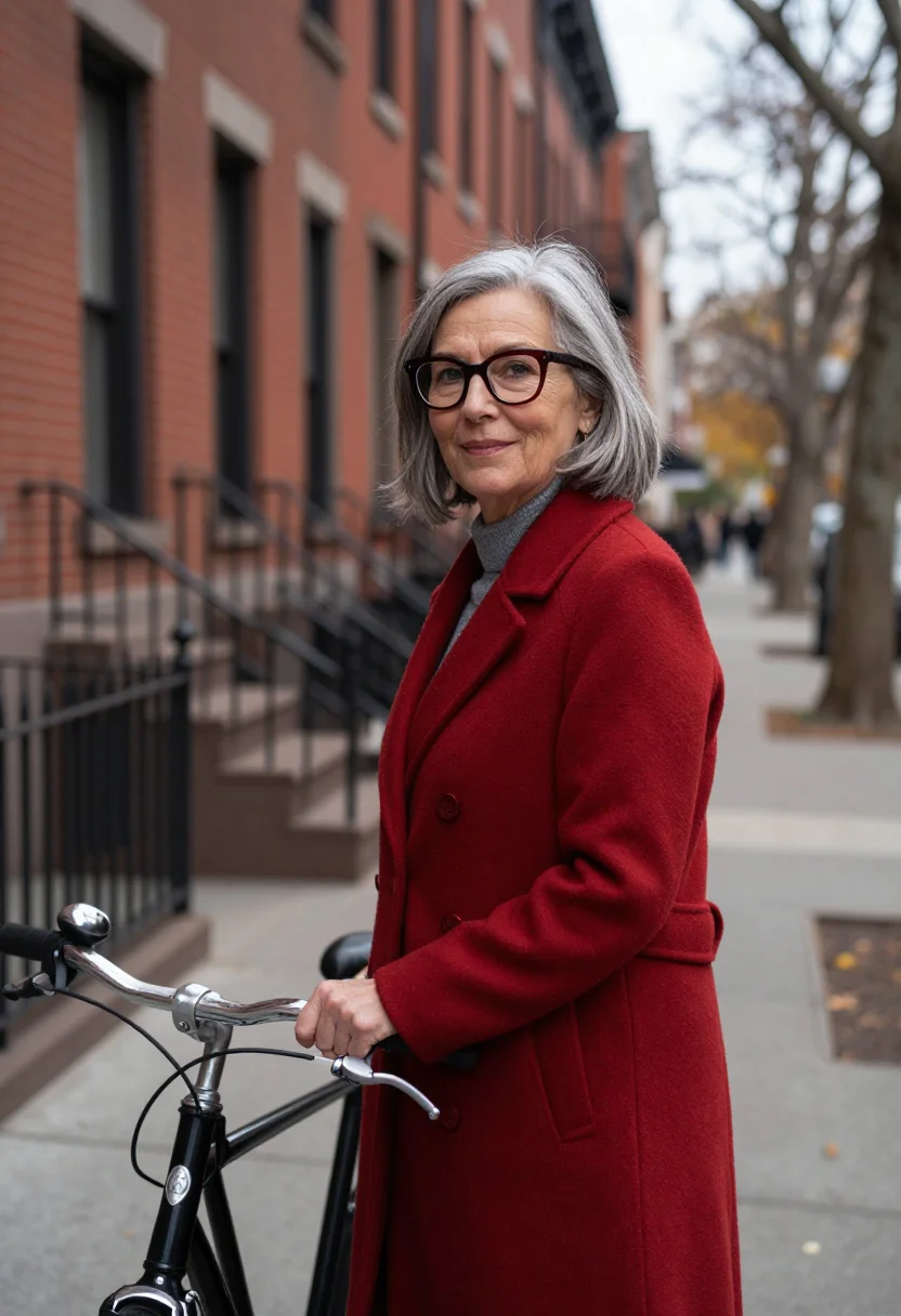 AI jane jacobs hudson street brick red sample — portrait of a woman, framed chest-up, cropped at the ribs, t
