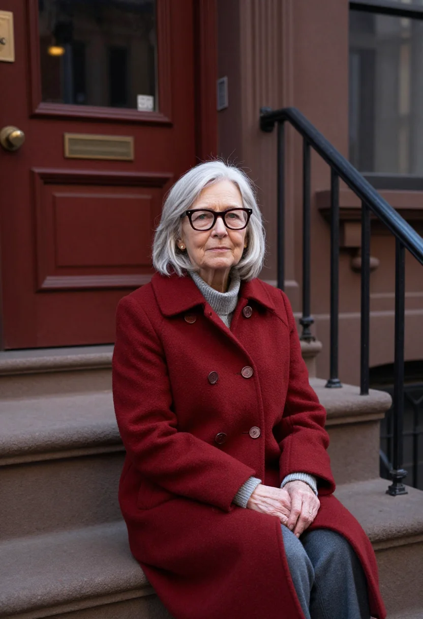 AI jane jacobs hudson street brick red sample — portrait of a woman, framed three-quarter length from the he